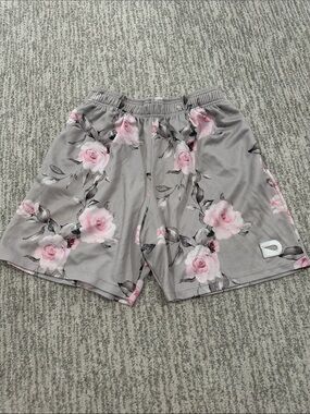 The Drip Shop boys Athletic Floral Performance Shorts - Gray with Pink Roses